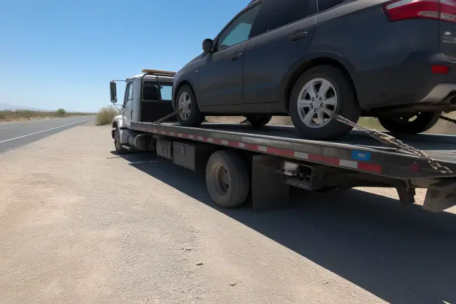 Vehicle secured with safety chains and straps on a flatbed trailer in Flowing Wells, AZ.