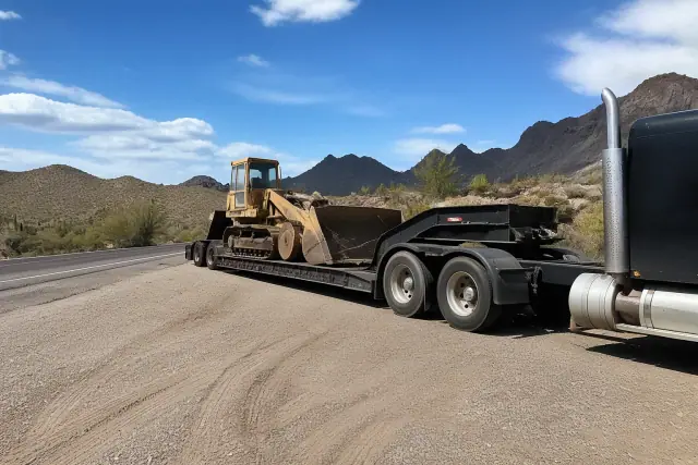 Heavy-duty truck hooked to a long-distance transport trailer with securement chains parked in Vail, AZ.