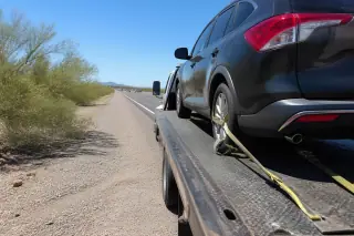 Taut nylon straps and wheel chocks securing a vehicle on a flatbed tow truck on a desert gravel shoulder in Tucson, AZ.