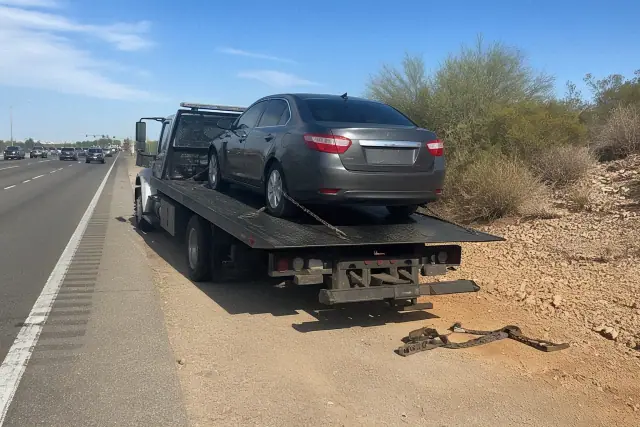 Medium duty flatbed tow truck with a secured sedan on a desert road in Tucson, AZ.