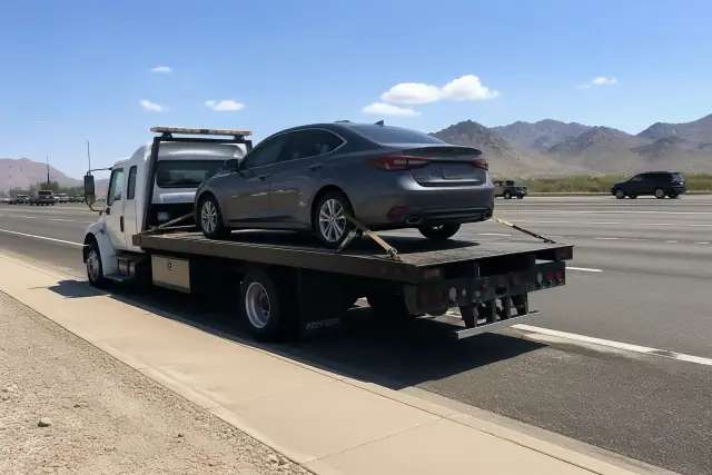 A medium-duty flatbed truck towing a disabled sedan on a busy road in Tucson, AZ, with desert mountains in the background.