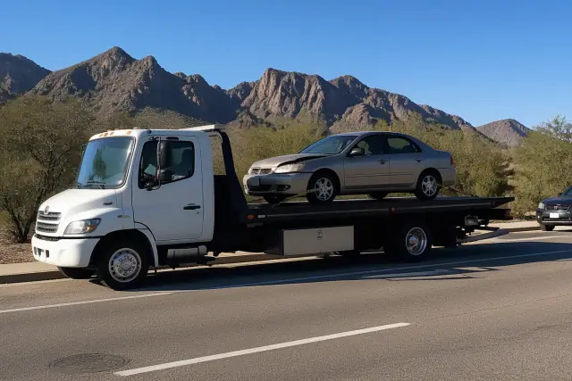 A flatbed tow truck with a secured disabled sedan parked on a multi-lane road in Tucson, AZ with desert mountains behind.