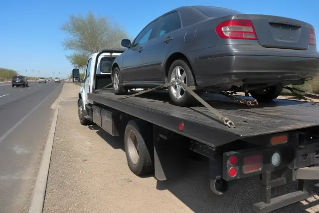Flatbed truck towing a disabled sedan on a busy road in Drexel Heights, AZ, with safety chains and straps secured.
