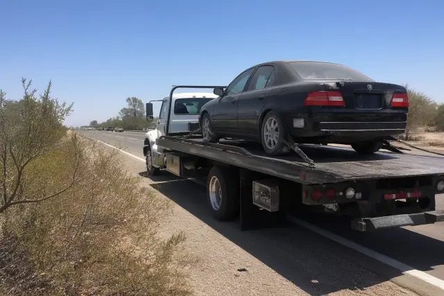 A flatbed tow truck with a disabled sedan on the highway shoulder in Flowing Wells, AZ with desert brush in the background.