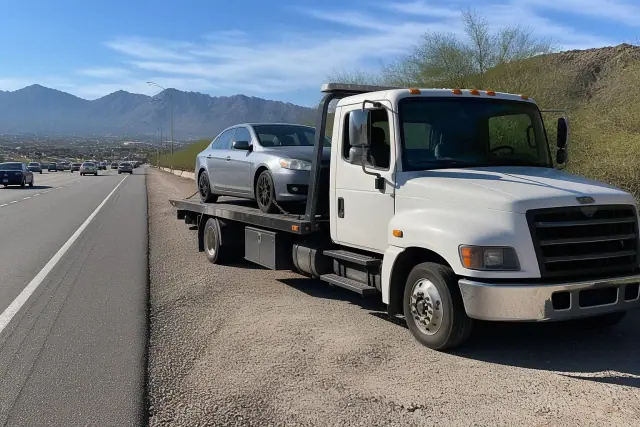 A flatbed tow truck with a disabled sedan secured on the back, parked on a roadside in Tucson, AZ with mountain views.