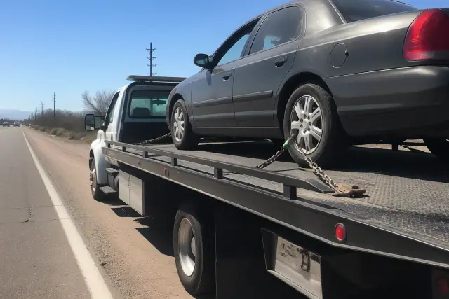 A flatbed tow truck with a secured sedan on a busy road in Sahuarita, AZ, showing winch cables and chains.