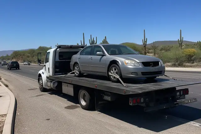 A flatbed tow truck with a disabled sedan secured on its deck parked along a sunny road in Casas Adobes, AZ.