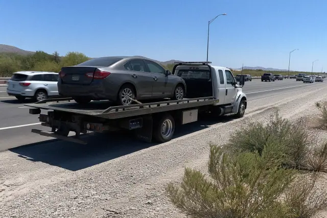 A flatbed tow truck with a disabled sedan on the highway shoulder in Green Valley, AZ.