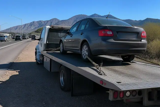 Flatbed tow truck with a secured sedan on the side of a road in Tucson, AZ with mountain silhouettes in the background.