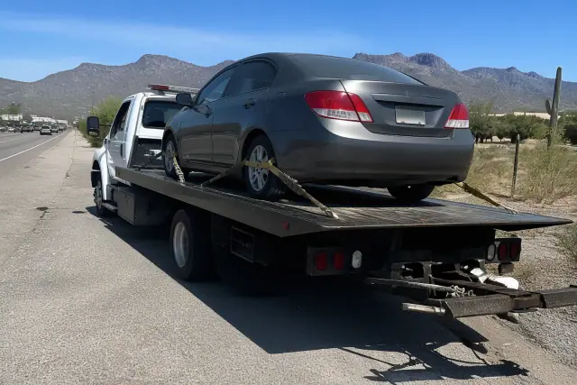 Flatbed tow truck with a secured sedan on a busy road in Vail, AZ, featuring desert vegetation and mountain views.