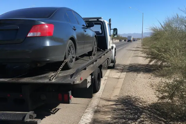 A flatbed tow truck with a disabled sedan secured on the highway shoulder in Tucson, AZ, surrounded by creosote bushes.