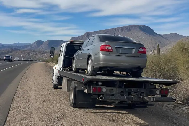 A flatbed tow truck with a disabled sedan on the highway shoulder in Marana, AZ, against a desert mountain backdrop.