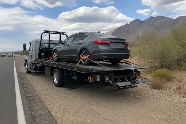 Flatbed tow truck with a secured sedan on a highway shoulder in Catalina Foothills, AZ.