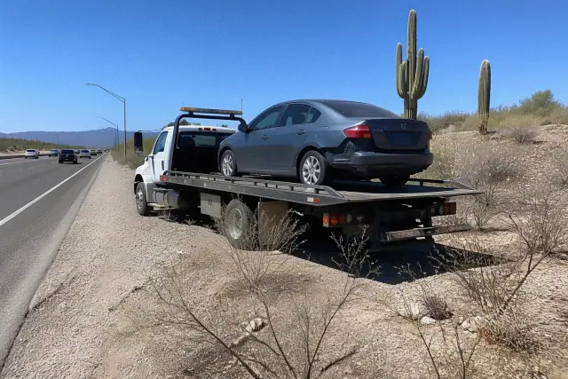 Flatbed tow truck with a secured sedan on a roadside in Oro Valley, AZ, surrounded by desert landscape.