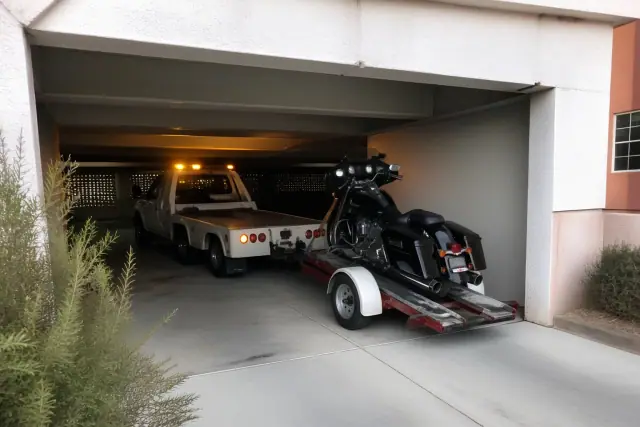 Tow truck maneuvering to reach a motorcycle on a trailer inside a concrete parking structure in Tucson, AZ.