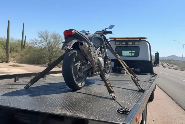 Motorcycle secured with heavy-duty tie-downs on a flatbed truck on a busy road in Tucson, AZ.