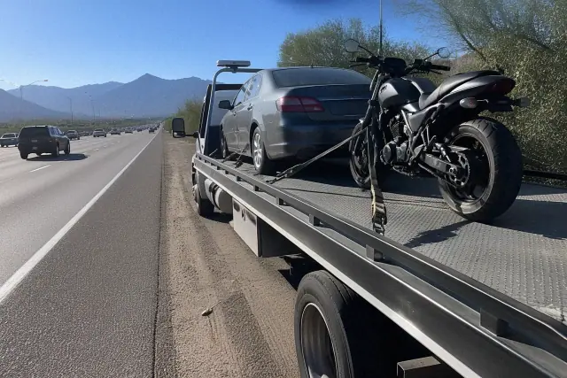 A motorcycle secured with straps on a flatbed tow truck parked by a desert road in Tucson, AZ.