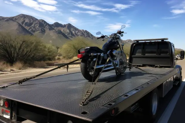 Motorcycle secured with ratchet straps on a flatbed tow truck on a highway in Tanque Verde, AZ.