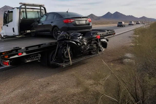 Flatbed tow truck with a sedan and a strapped motorcycle on the highway shoulder in Tucson, AZ with desert mountains.