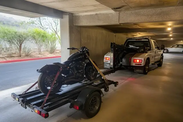 A motorcycle secured on a tow trailer inside a concrete parking garage in Oro Valley, AZ.