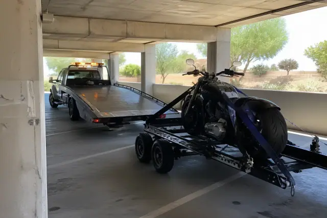 A tow truck maneuvering a motorcycle on a trailer in a concrete parking garage in Flowing Wells, AZ.
