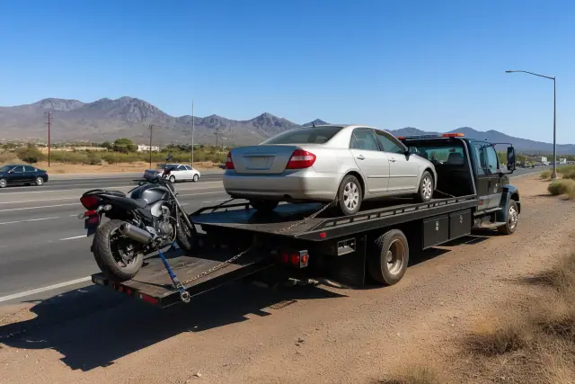 Flatbed truck with a secured sedan and motorcycle on a roadside in Tucson, AZ with mountain silhouettes in the background.