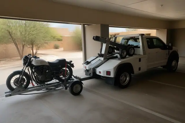 Specialized tow truck transporting a secured motorcycle in an underground parking garage in Drexel Heights, AZ.
