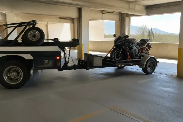 Motorcycle secured with ratchet straps on a trailer in a concrete parking garage in Tucson, AZ.