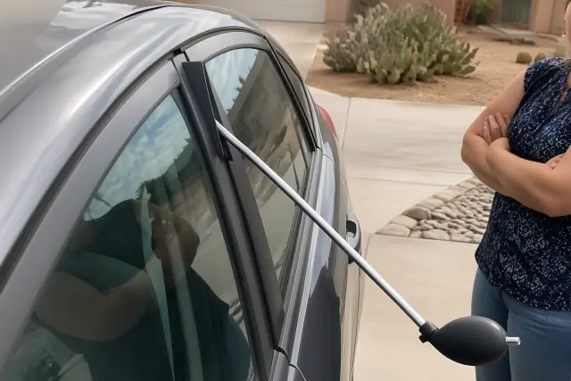 A technician using a non-marring tool to unlock a compact car in a residential driveway in Tucson, AZ.