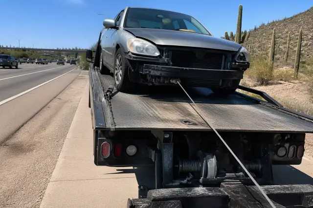 A sedan secured to a flatbed tow truck during an off-road recovery on a sunny road in Tucson, AZ.