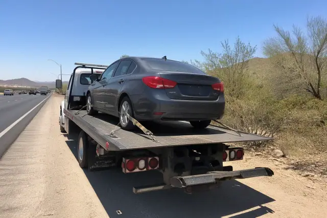 Flatbed tow truck with a disabled sedan secured on the highway shoulder in Tucson, AZ.