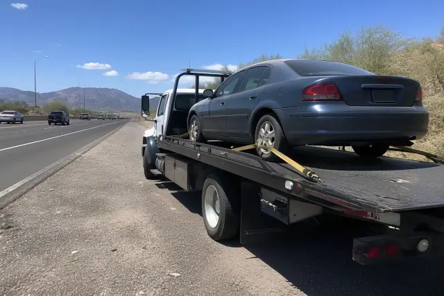 A passenger car secured on a flatbed tow truck on the side of a highway in Tucson, AZ, with desert mountains in the distance.
