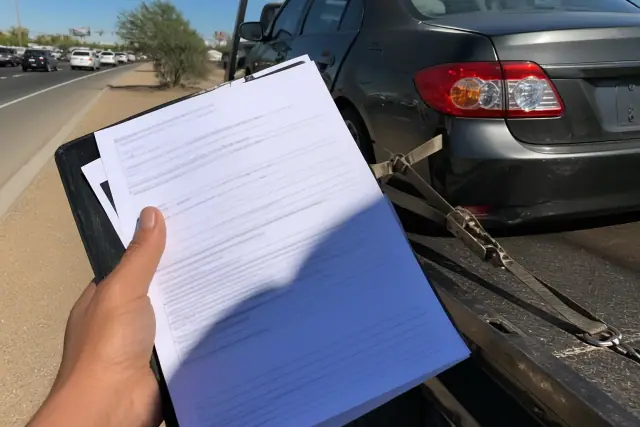 A disabled sedan secured on a flatbed truck on a busy road in Tucson, AZ, under bright desert sunlight.