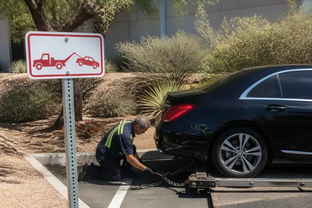 A towing operator secures a luxury vehicle under a tow-away sign at a corporate office lot in Tucson, AZ.