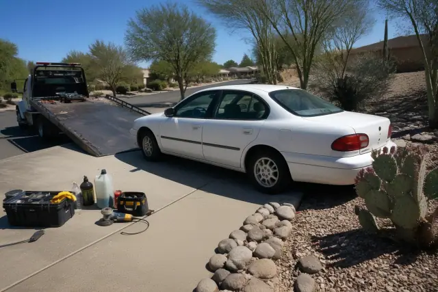 Vehicle preparation for transport on a residential driveway in Tucson, AZ.
