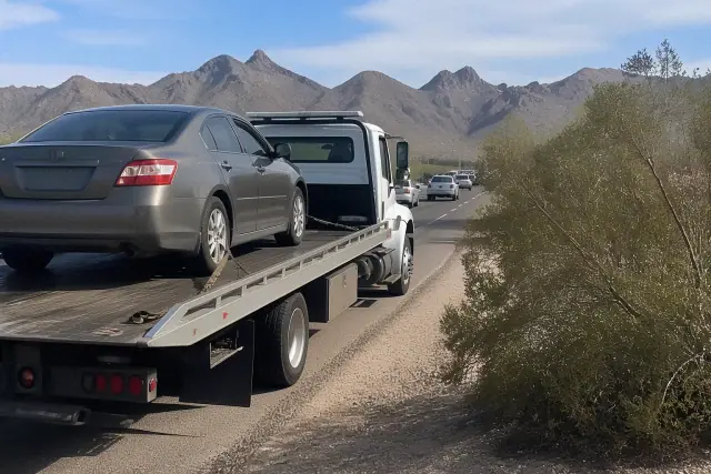 Flatbed tow truck with a disabled sedan secured on the side of a road near Tucson, AZ with desert mountains behind.