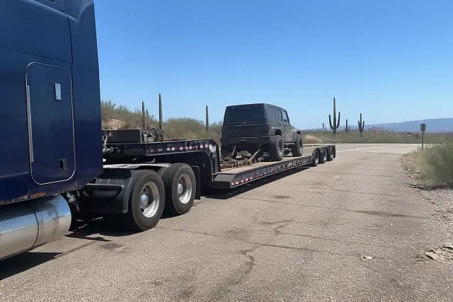 Heavy-duty transport trailer secured with chains and straps on a roadside in Tucson, AZ.