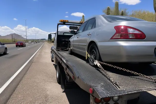 A flatbed tow truck with a secured disabled sedan on a highway shoulder in Tucson, AZ.