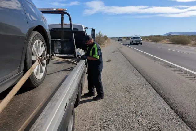 A flatbed tow truck secured to a vehicle on a desert gravel pull-off in Tucson, AZ with highway traffic in the background.
