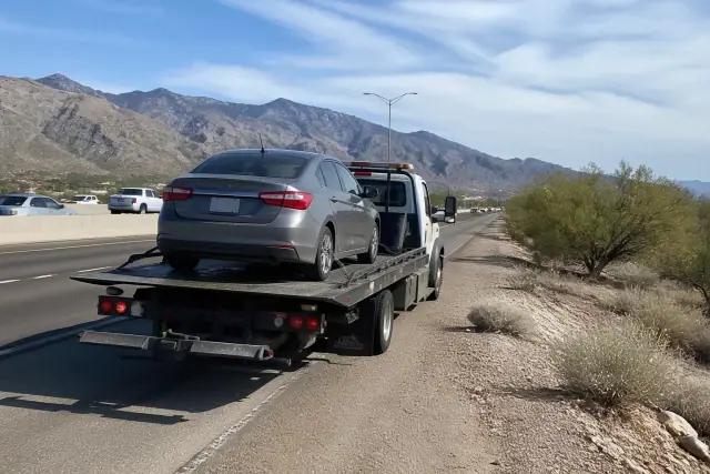 A flatbed tow truck with a disabled sedan on the highway shoulder against a desert mountain backdrop in Tucson, AZ.