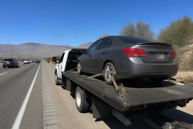 Flatbed tow truck with a secured sedan on the side of a road in Tucson, AZ, with desert mountains in the background.