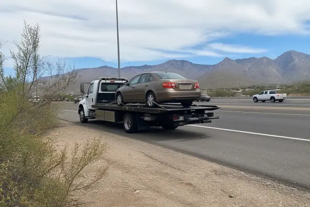 A flatbed truck carrying a disabled sedan on the side of a road with desert scenery in Tanque Verde, AZ.