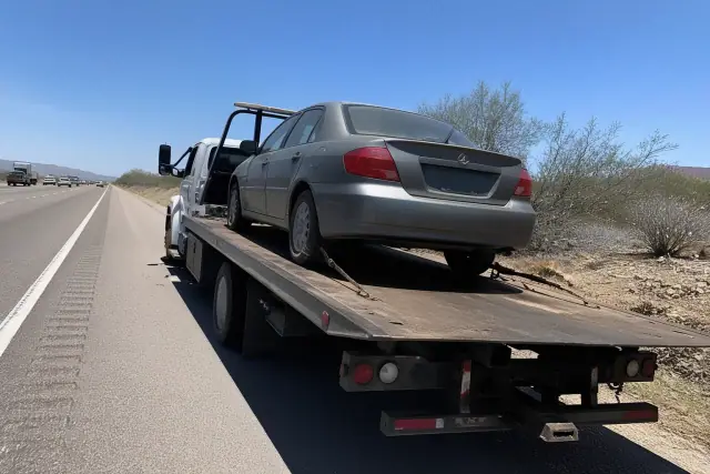 Flatbed tow truck with a disabled sedan on the highway shoulder in the Tucson, AZ desert.