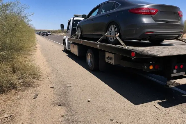Flatbed tow truck with a disabled sedan secured on the highway shoulder in Tucson, AZ.