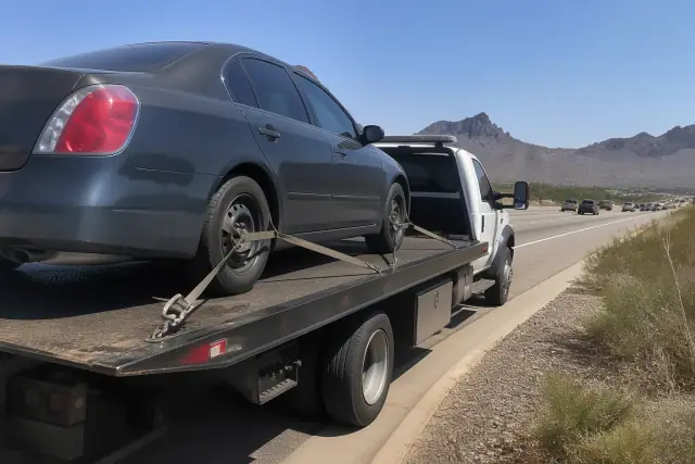 A flatbed truck securing a disabled sedan on a road with desert scrub and mountains in the background in Vail, AZ.