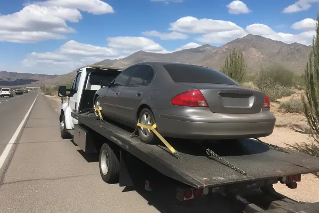 A flatbed tow truck with a secured sedan on the side of a road in Oro Valley, AZ, featuring desert mountains.