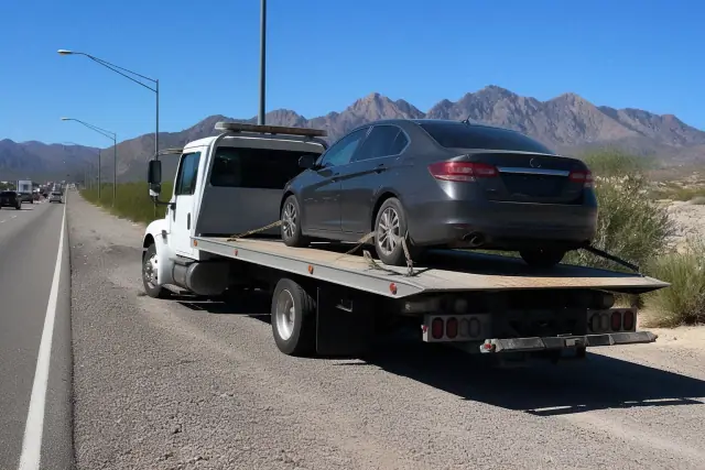 A flatbed tow truck carrying a disabled sedan on a highway shoulder in Sahuarita, AZ with desert mountains in the distance.