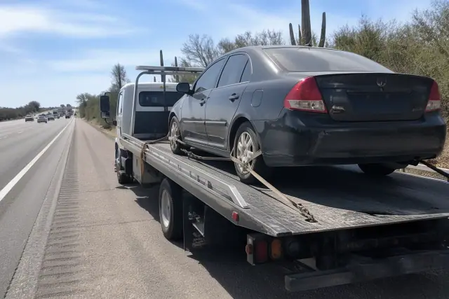 A flatbed tow truck carrying a disabled sedan on the highway shoulder in Casas Adobes, AZ, with desert plants nearby.