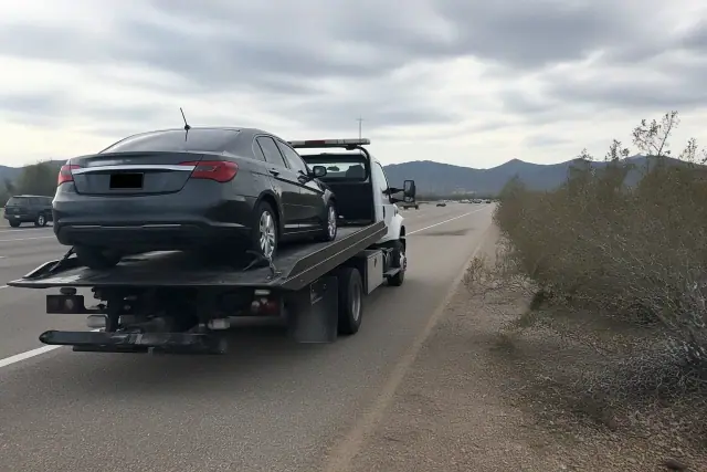 A flatbed tow truck with a disabled sedan on the highway shoulder in Tucson, AZ with desert mountains in the background.