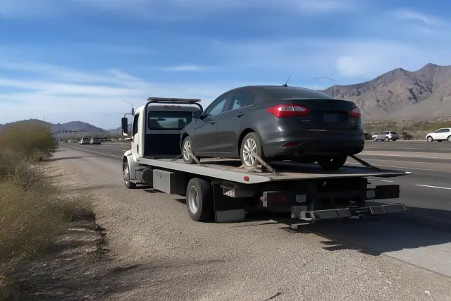 Flatbed tow truck loading a disabled sedan on a roadside in Green Valley, AZ, with desert mountains in the background.